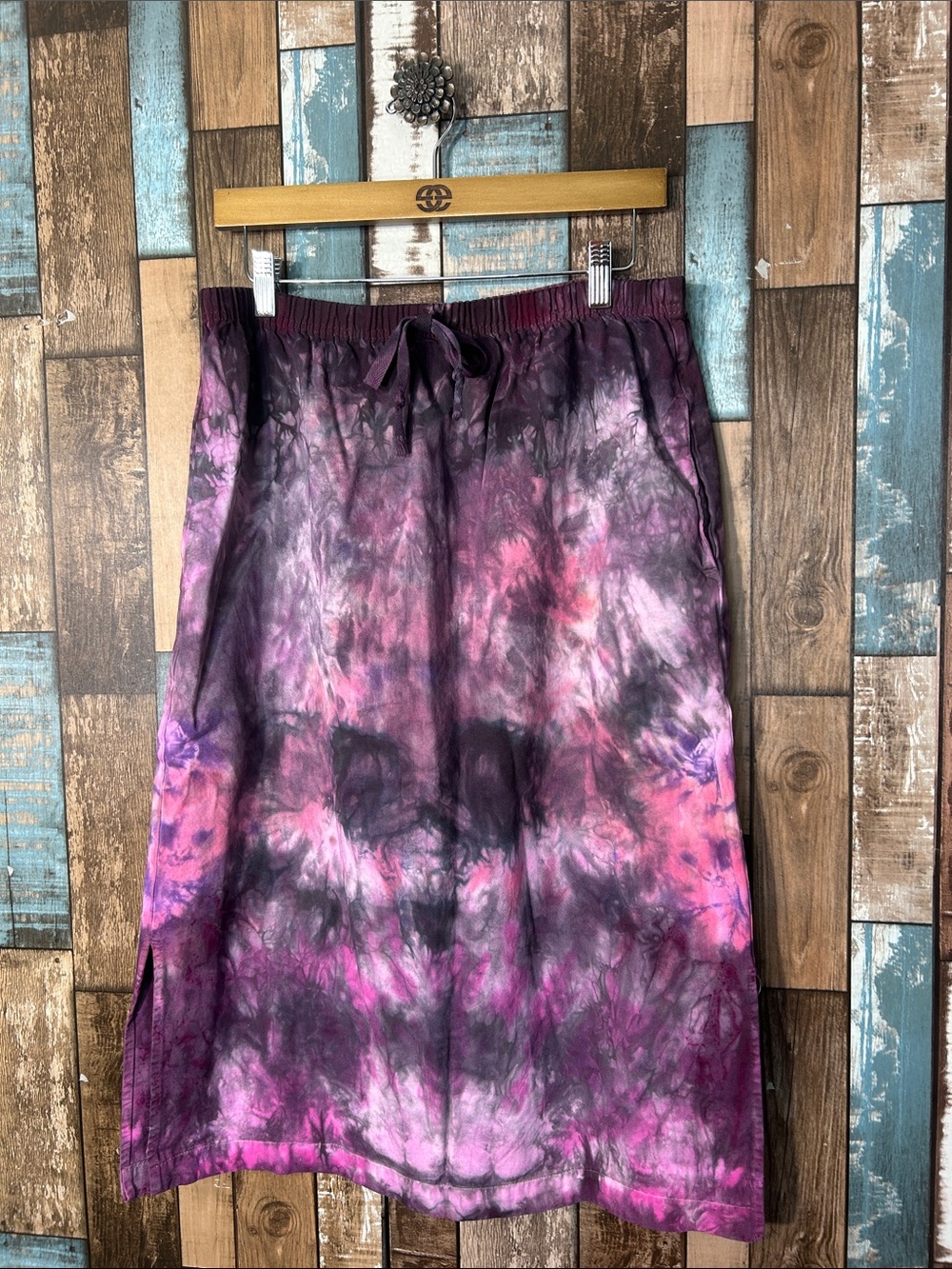 Tie-Dye Midi Skirt with Drawstring Waist - Purple & Black